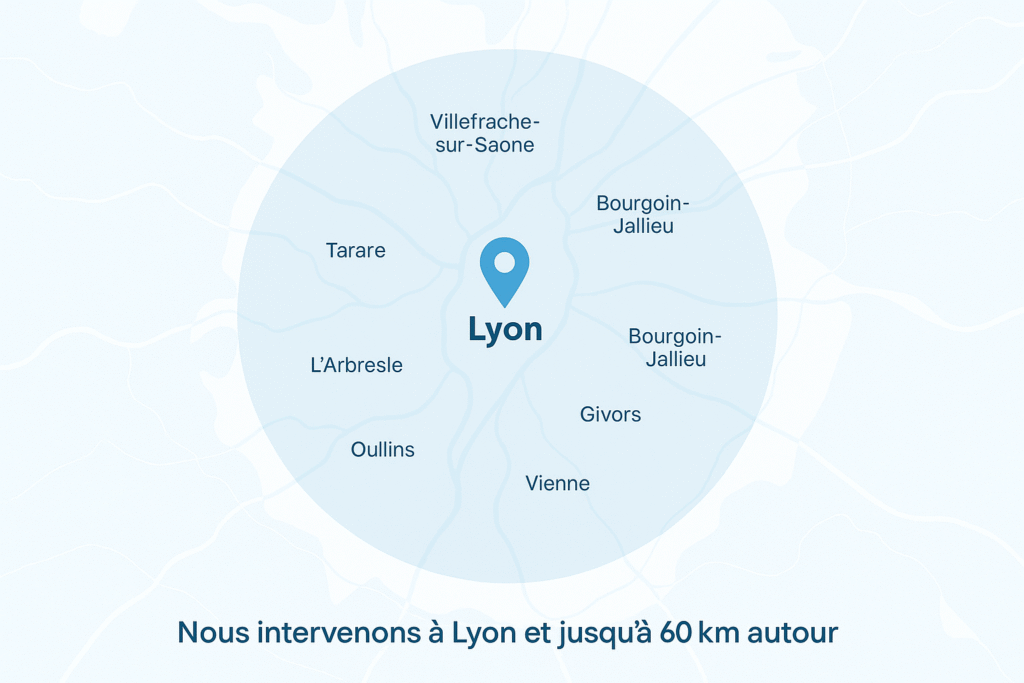 Carte illustrant la zone d’intervention de Clim-on-line à Lyon et dans un rayon de 60 km autour.