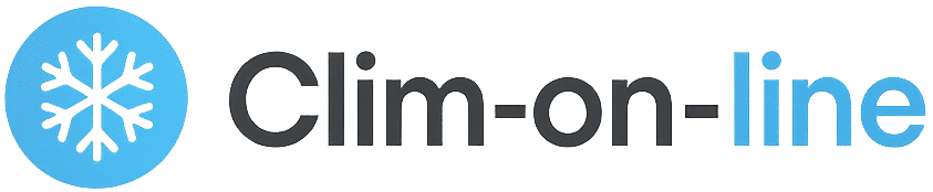 Logo de Clim-on-line avec icône bleue en forme de flocon et texte moderne en gris et bleu clair.
